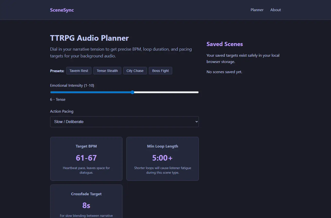 Screenshot of SceneSync: TTRPG Background Audio Planner interface showing the project page in use